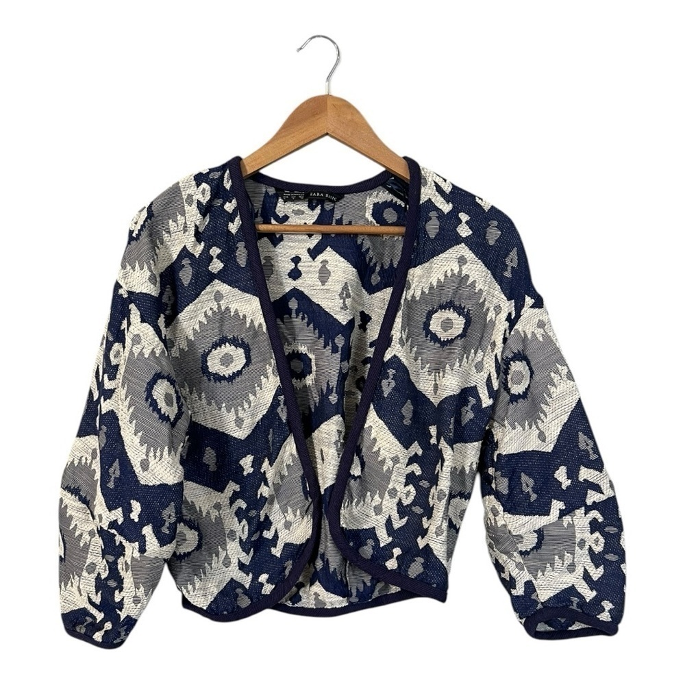 Zara Women's Jacket Blazer Linen Blend Boho Blue Cream Aztec Open Front Small